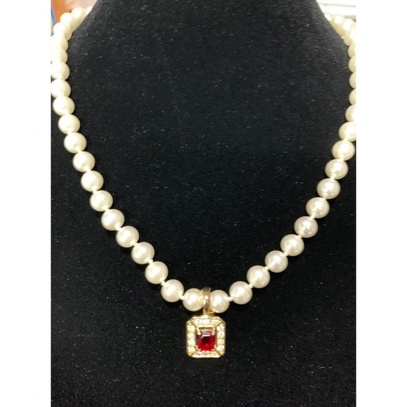 8mm Faux Pearl Necklace 18" with Red Pendant - Picture 3 of 6